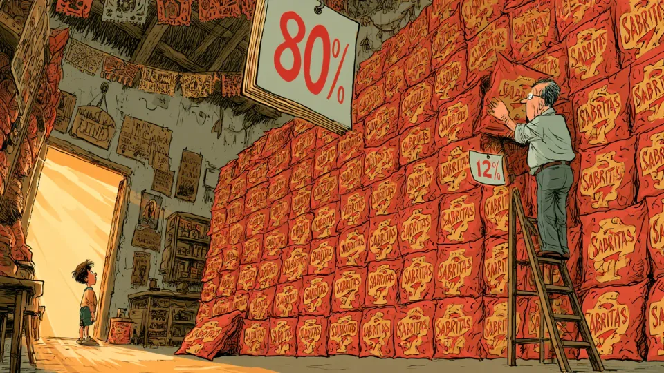 Sabritas chips stacked wall-high in a Mexican corner store