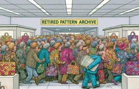 Cartoon crowd packing a Retired Pattern Archive hall of quilted Vera Bradley bags