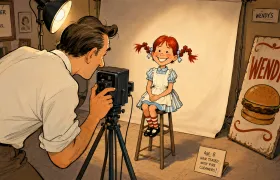 Dave Thomas photographing his eight-year-old daughter Wendy in pigtails at the 1969 session that created the Wendy's mascot